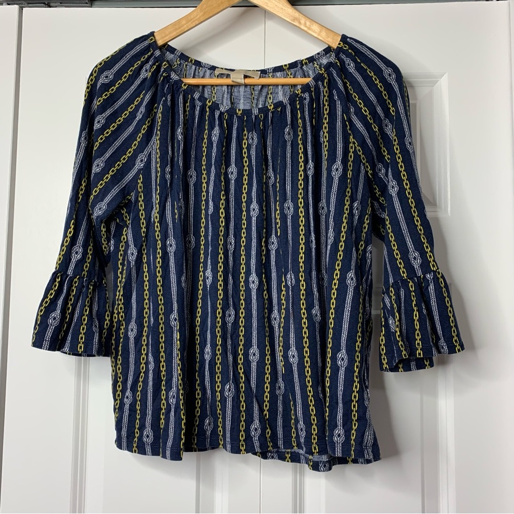 Michael Kors Navy + Gold Chain Print Cotton Blend Blouse With 3/4 sleeves Size L